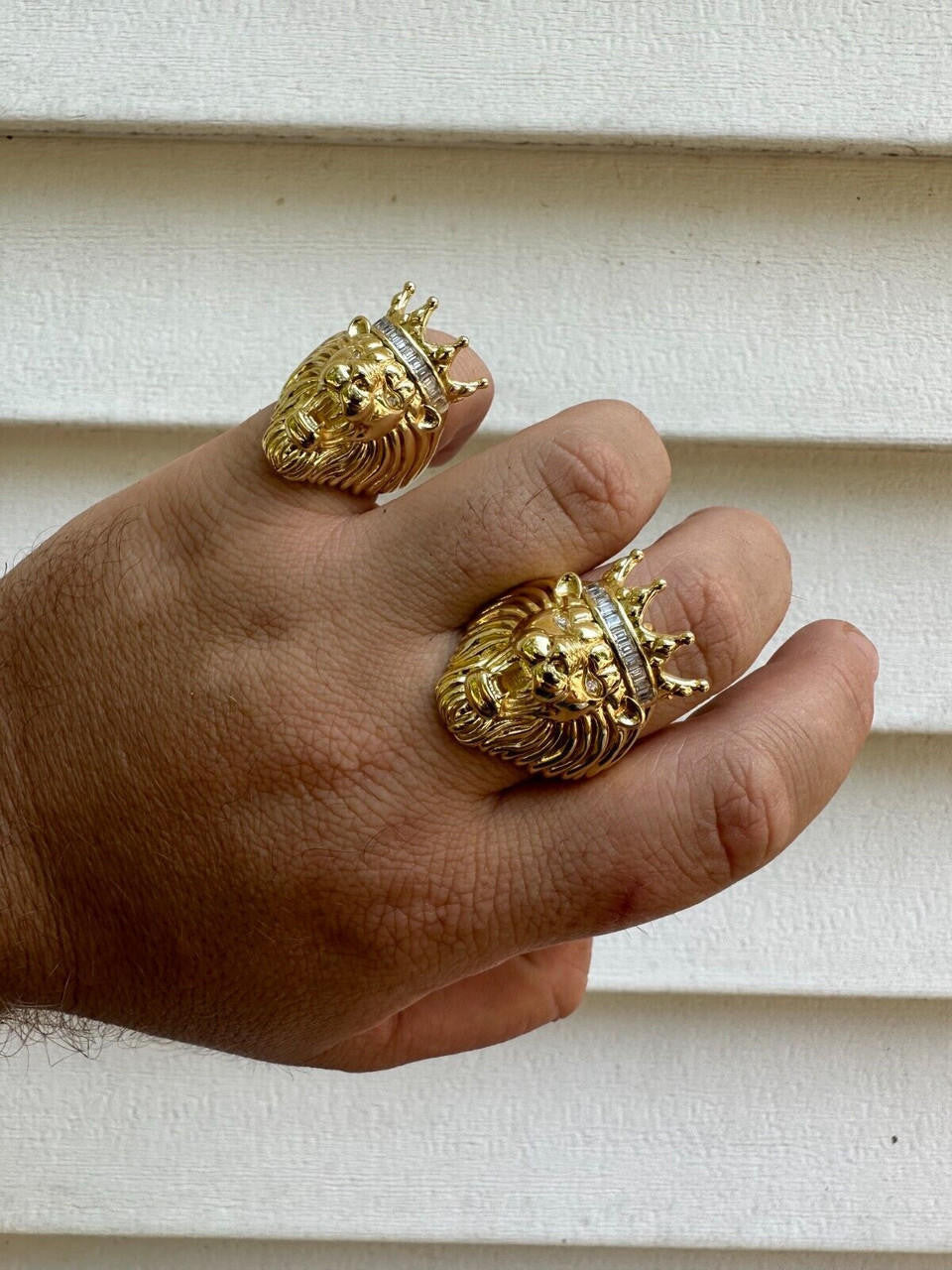 HarlemBling Lion W. Moissanite Baguette Crown 3D Mens Ring - 14k Gold Over Real 925 Silver