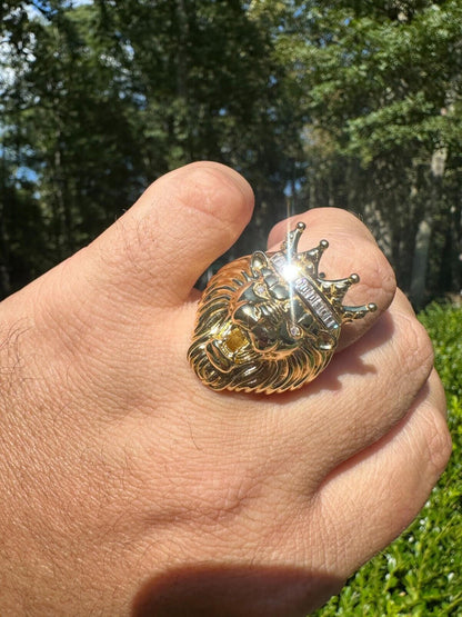 HarlemBling Lion W. Moissanite Baguette Crown 3D Mens Ring - 14k Gold Over Real 925 Silver
