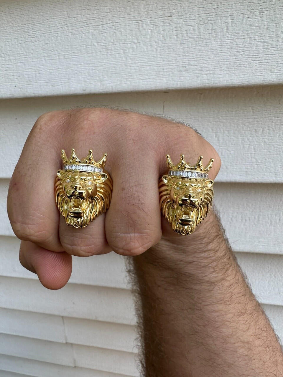 HarlemBling Lion W. Moissanite Baguette Crown 3D Mens Ring - 14k Gold Over Real 925 Silver