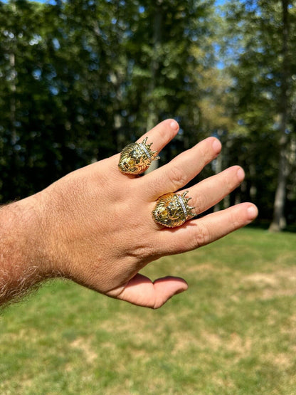 HarlemBling Lion W. Moissanite Baguette Crown 3D Mens Ring - 14k Gold Over Real 925 Silver