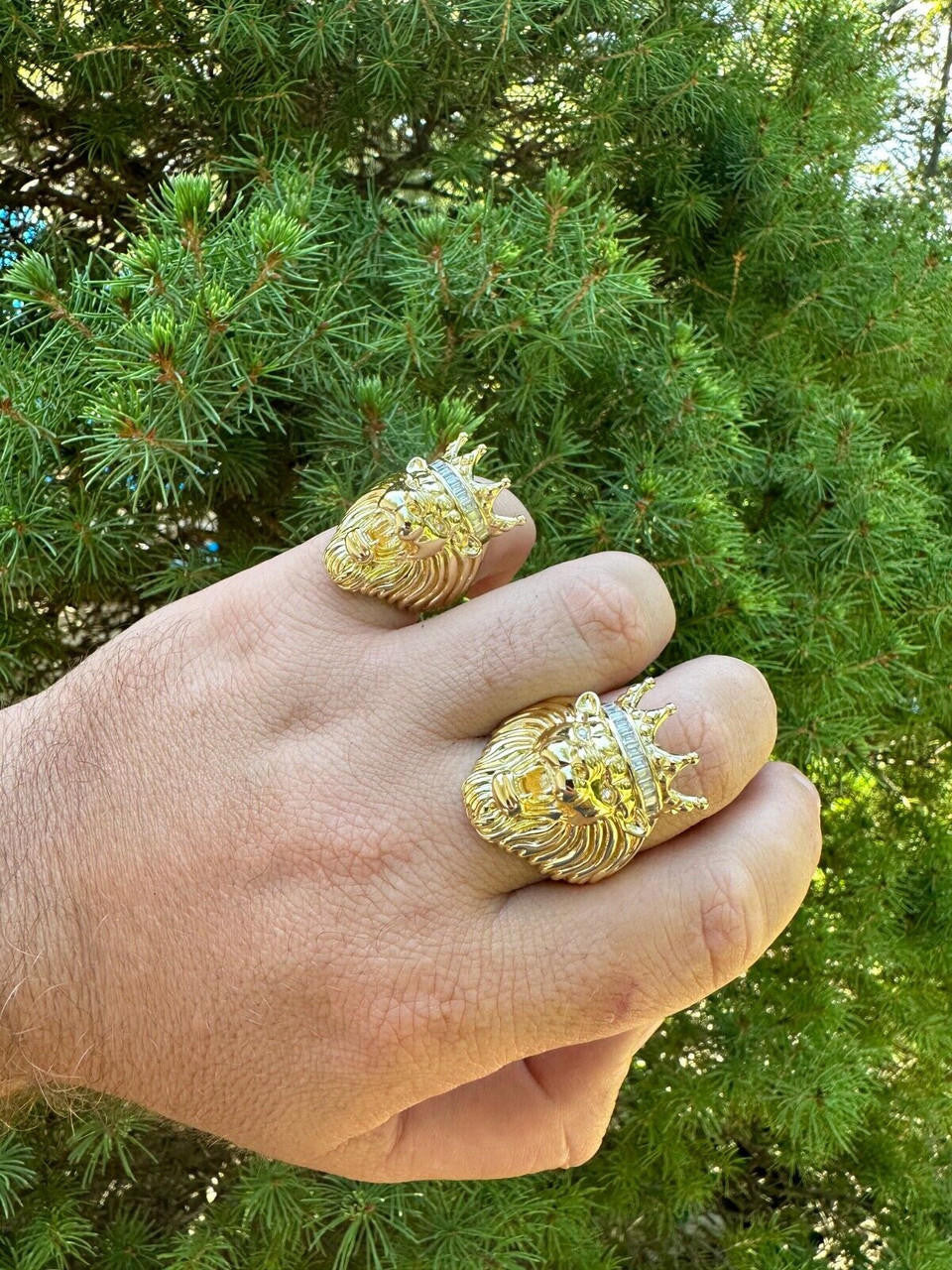 HarlemBling Lion W. Moissanite Baguette Crown 3D Mens Ring - 14k Gold Over Real 925 Silver