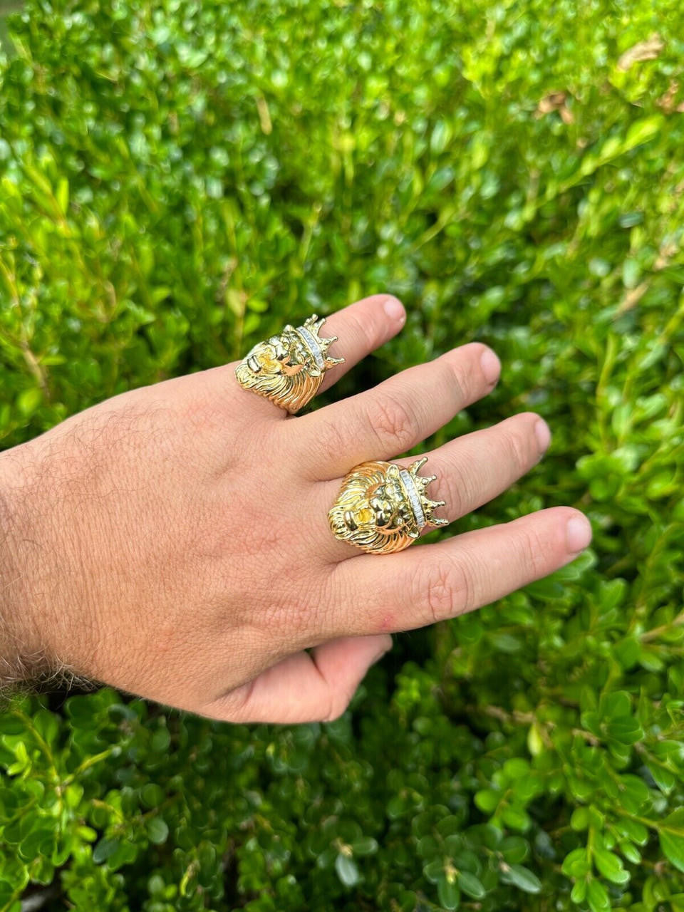 HarlemBling Lion W. Moissanite Baguette Crown 3D Mens Ring - 14k Gold Over Real 925 Silver