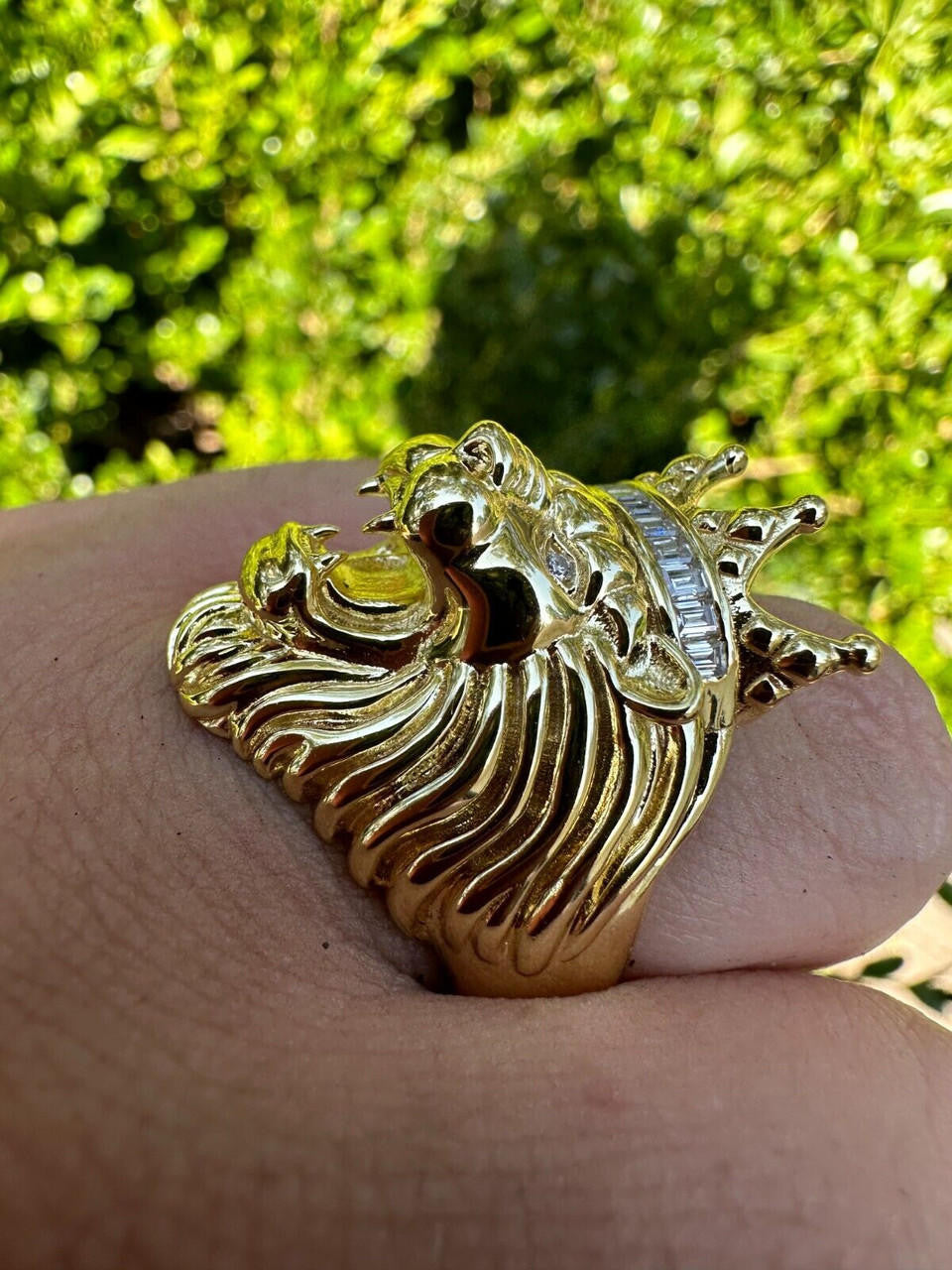 HarlemBling Lion W. Moissanite Baguette Crown 3D Mens Ring - 14k Gold Over Real 925 Silver