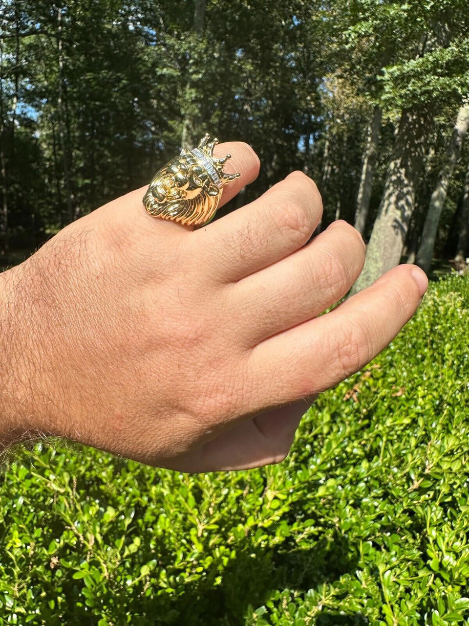 HarlemBling Lion W. Moissanite Baguette Crown 3D Mens Ring - 14k Gold Over Real 925 Silver