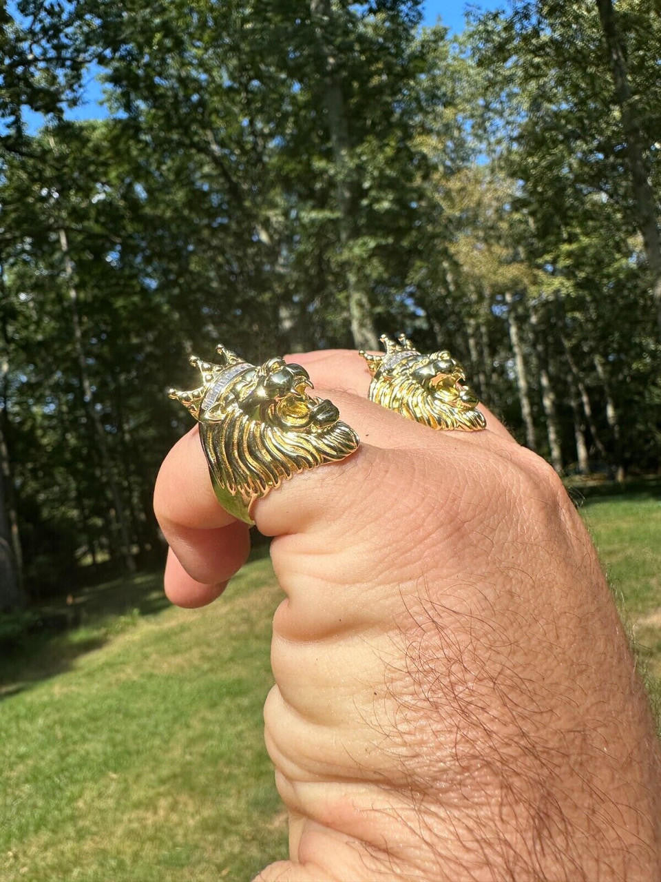 HarlemBling Lion W. Moissanite Baguette Crown 3D Mens Ring - 14k Gold Over Real 925 Silver