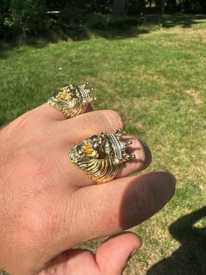 HarlemBling Lion W. Moissanite Baguette Crown 3D Mens Ring - 14k Gold Over Real 925 Silver