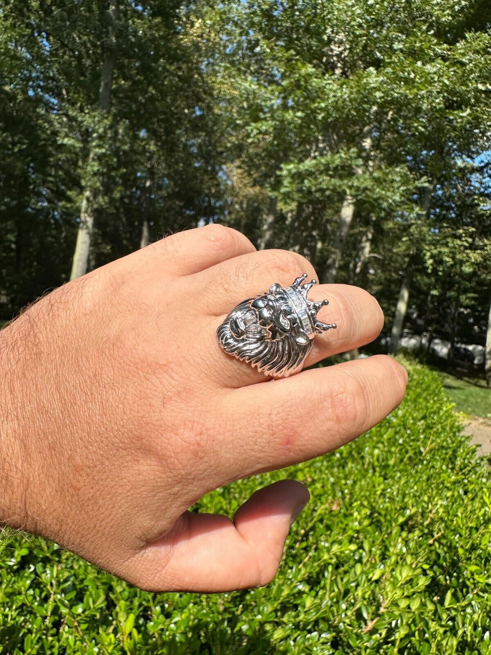 HarlemBling Lion W. Moissanite Baguette Crown 3D Mens Ring - Real Solid 925 Sterling Silver