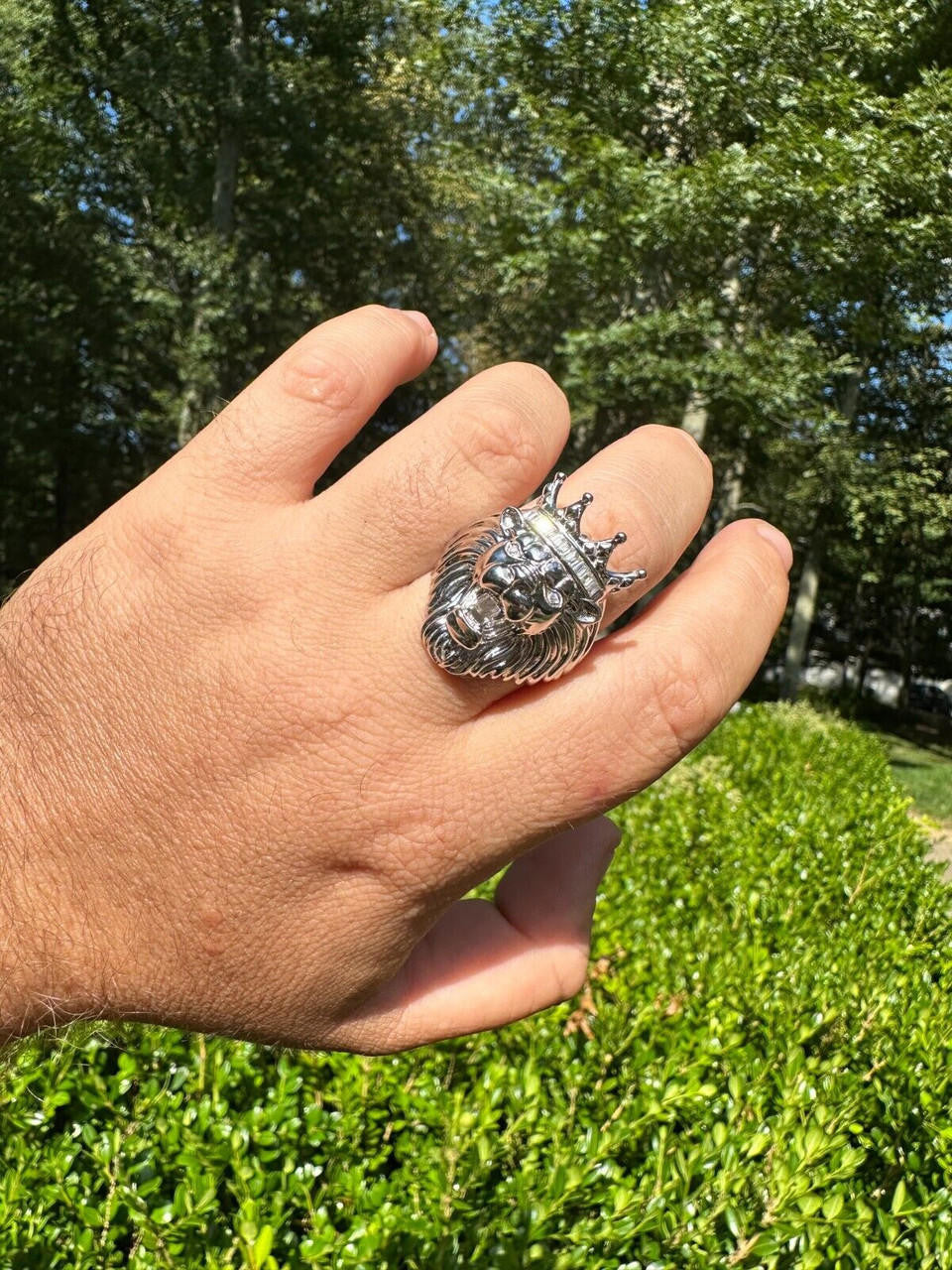 HarlemBling Lion W. Moissanite Baguette Crown 3D Mens Ring - Real Solid 925 Sterling Silver