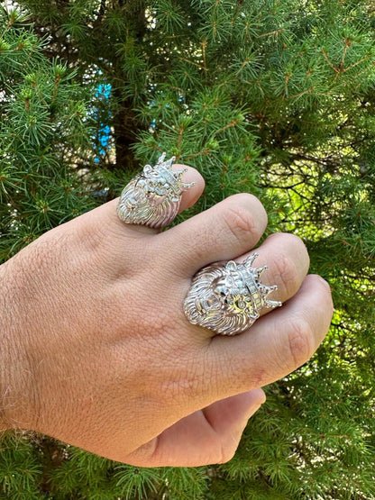 HarlemBling Lion W. Moissanite Baguette Crown 3D Mens Ring - Real Solid 925 Sterling Silver