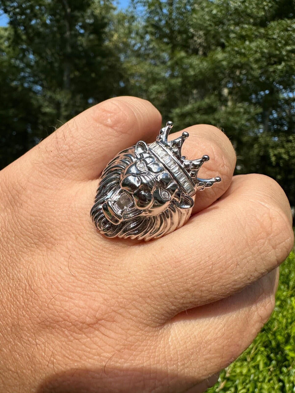 HarlemBling Lion W. Moissanite Baguette Crown 3D Mens Ring - Real Solid 925 Sterling Silver