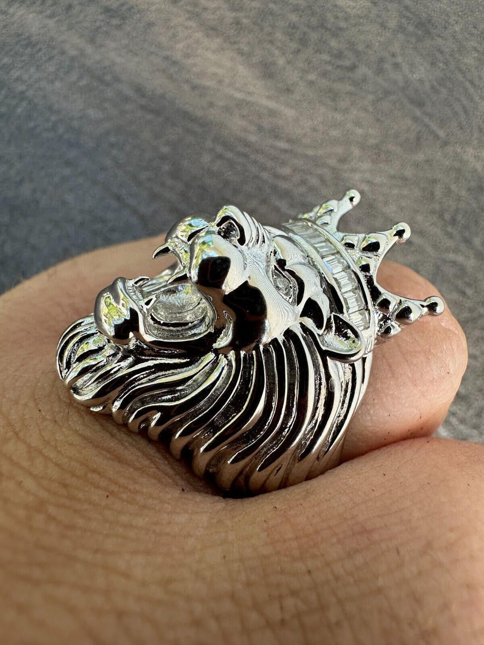 HarlemBling Lion W. Moissanite Baguette Crown 3D Mens Ring - Real Solid 925 Sterling Silver