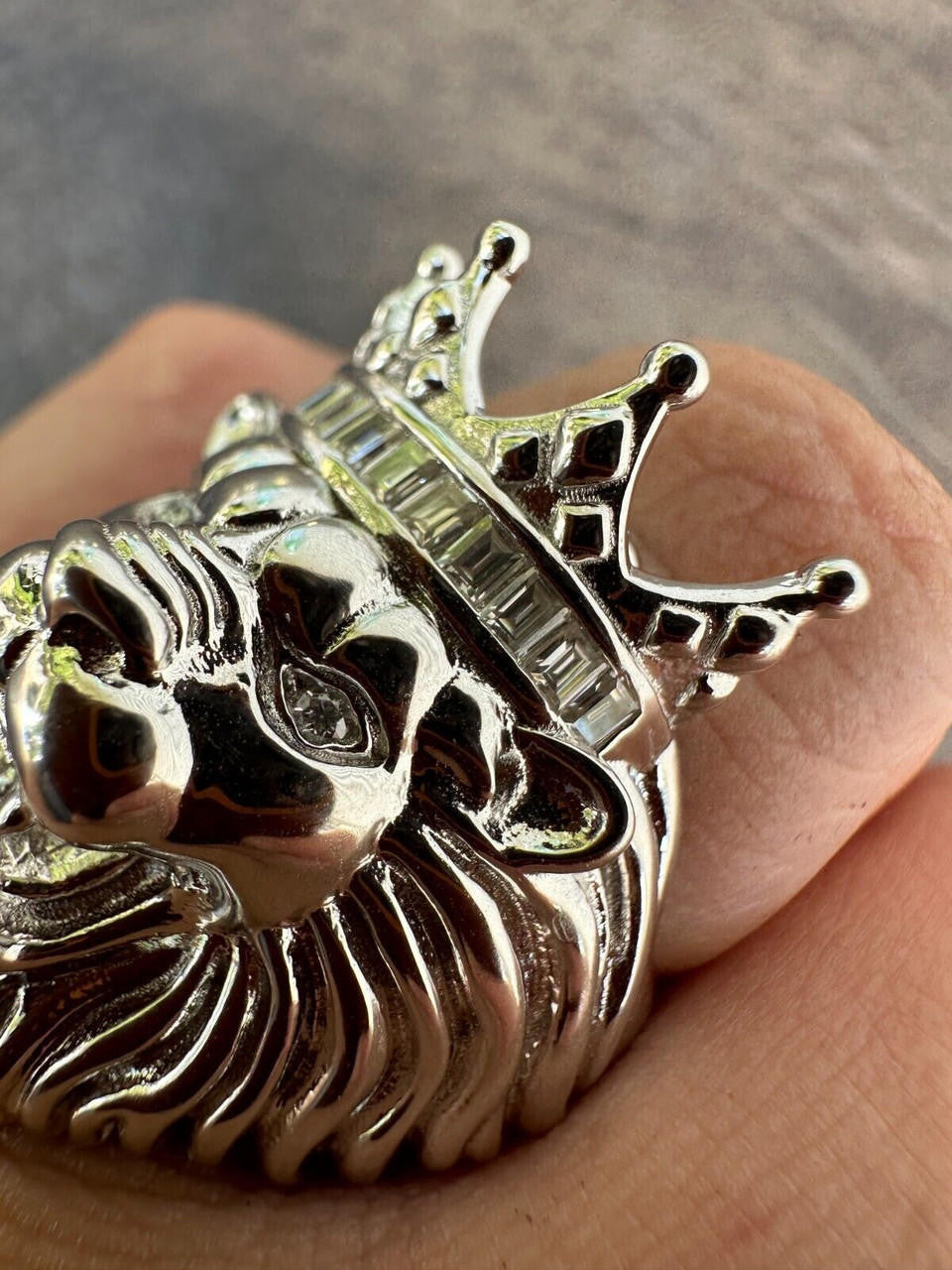 HarlemBling Lion W. Moissanite Baguette Crown 3D Mens Ring - Real Solid 925 Sterling Silver
