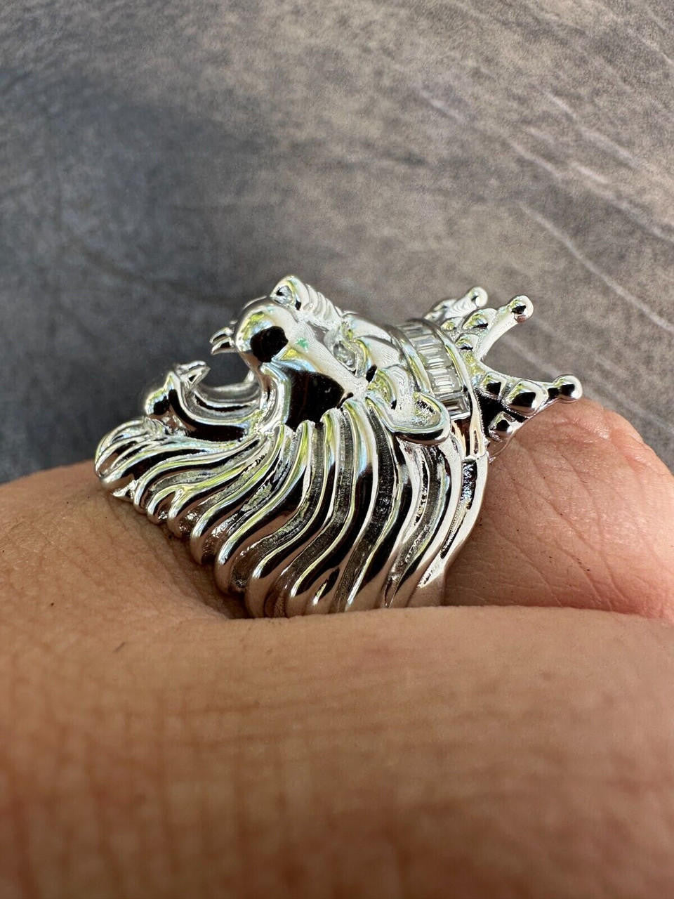 HarlemBling Lion W. Moissanite Baguette Crown 3D Mens Ring - Real Solid 925 Sterling Silver