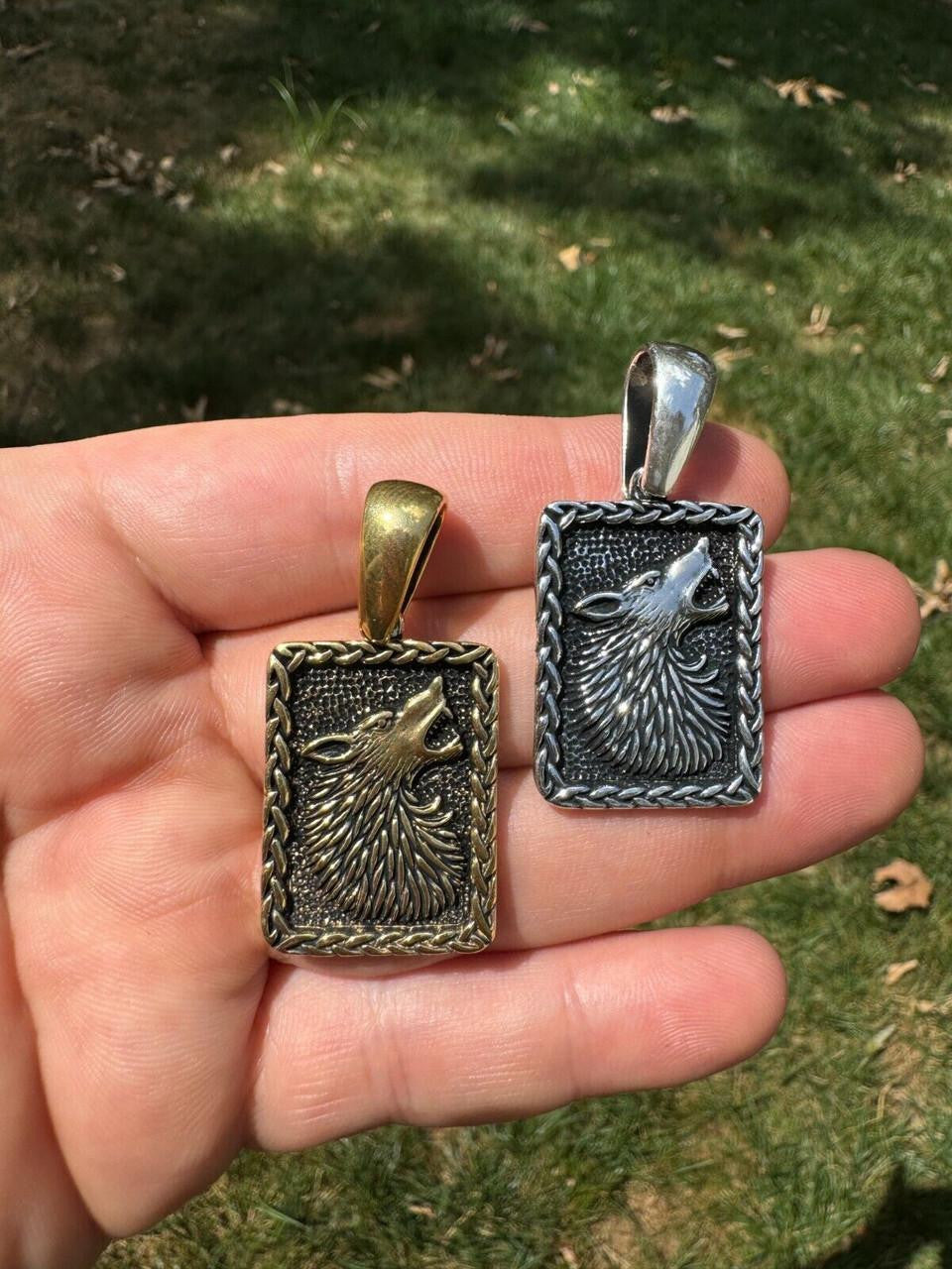 HarlemBling Lone Wolf Dog Tag Pendant - 14k Gold Vermeil Or Oxidized 925 Silver - Medium 1.75"