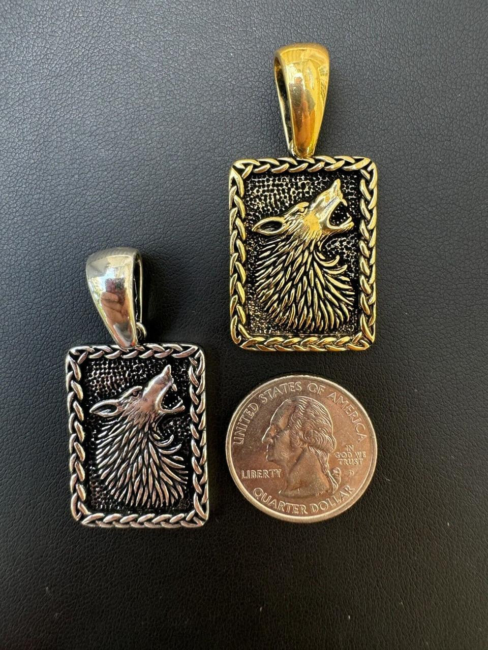 HarlemBling Lone Wolf Dog Tag Pendant - 14k Gold Vermeil Or Oxidized 925 Silver - Medium 1.75"