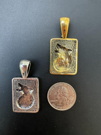 HarlemBling Lone Wolf Dog Tag Pendant - 14k Gold Vermeil Or Oxidized 925 Silver - Medium 1.75"