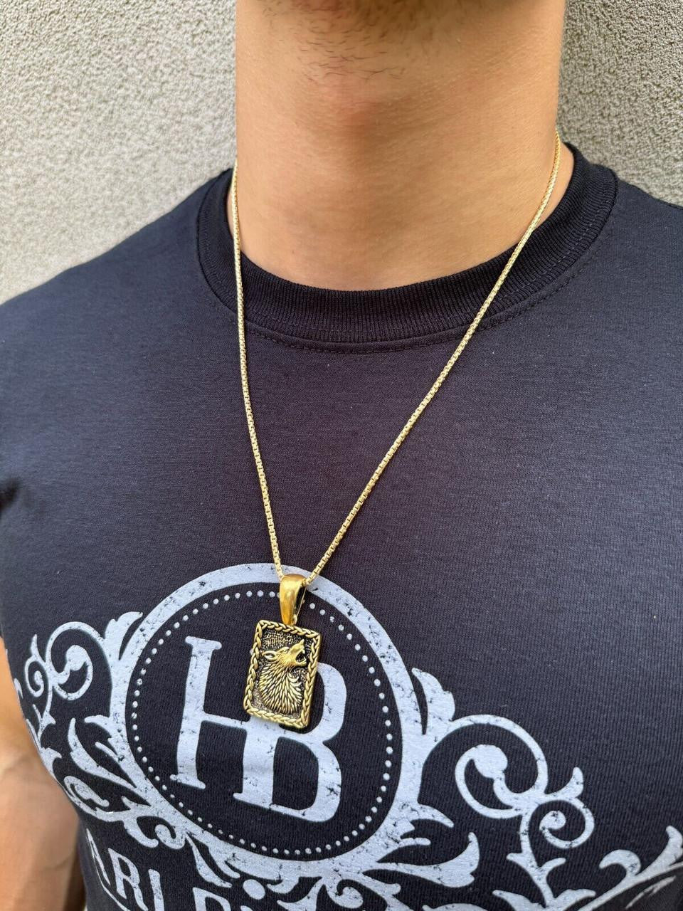 HarlemBling Lone Wolf Dog Tag Pendant - 14k Gold Vermeil Or Oxidized 925 Silver - Medium 1.75"