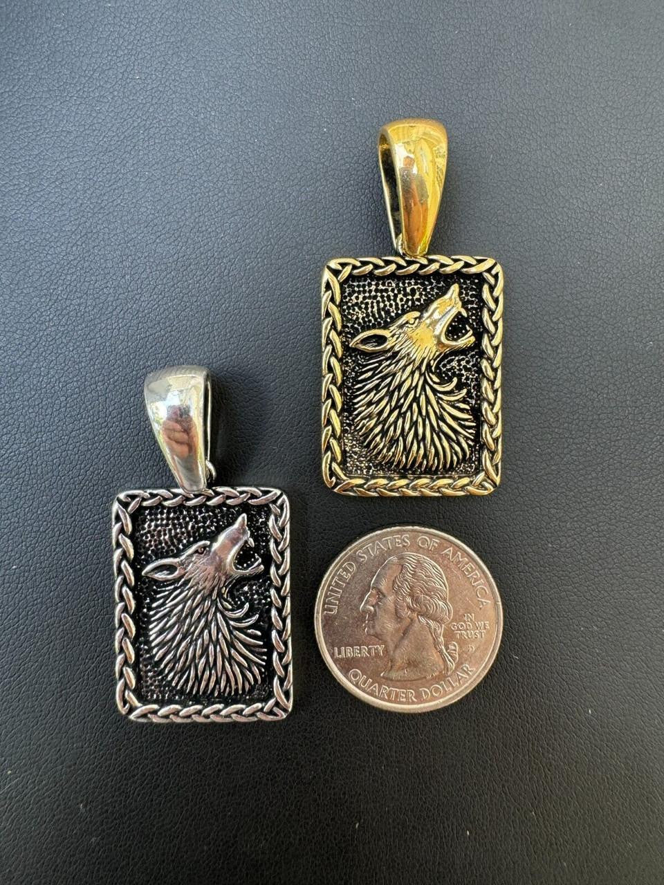 HarlemBling Lone Wolf Dog Tag Pendant - 14k Gold Vermeil Or Oxidized 925 Silver - Medium 1.75"