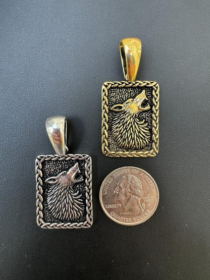 HarlemBling Lone Wolf Dog Tag Pendant - 14k Gold Vermeil Or Oxidized 925 Silver - Medium 1.75"