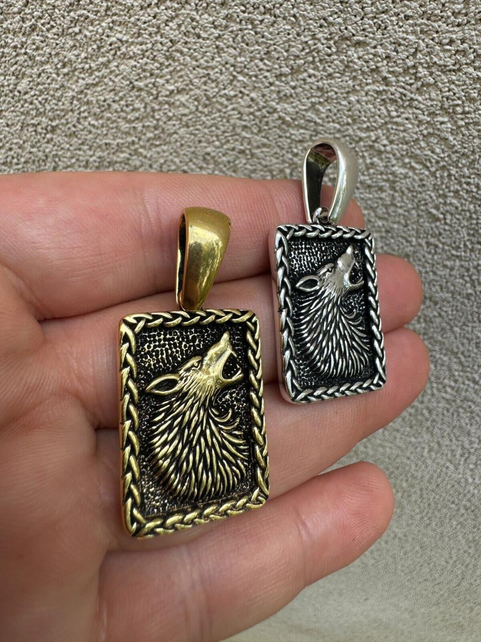 HarlemBling Lone Wolf Dog Tag Pendant - 14k Gold Vermeil Or Oxidized 925 Silver - Medium 1.75"