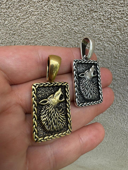 HarlemBling Lone Wolf Dog Tag Pendant - 14k Gold Vermeil Or Oxidized 925 Silver - Medium 1.75"