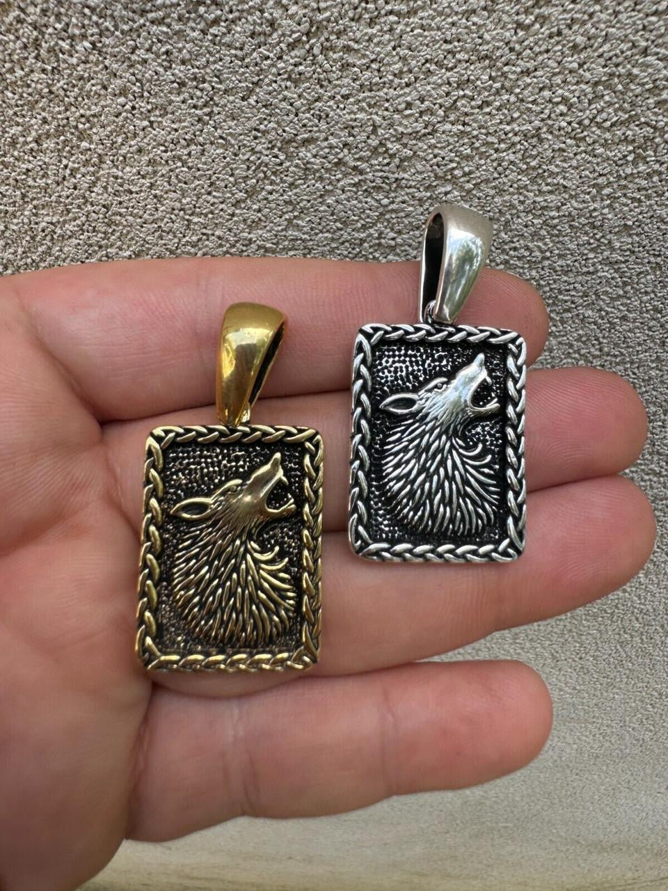 HarlemBling Lone Wolf Dog Tag Pendant - 14k Gold Vermeil Or Oxidized 925 Silver - Medium 1.75"