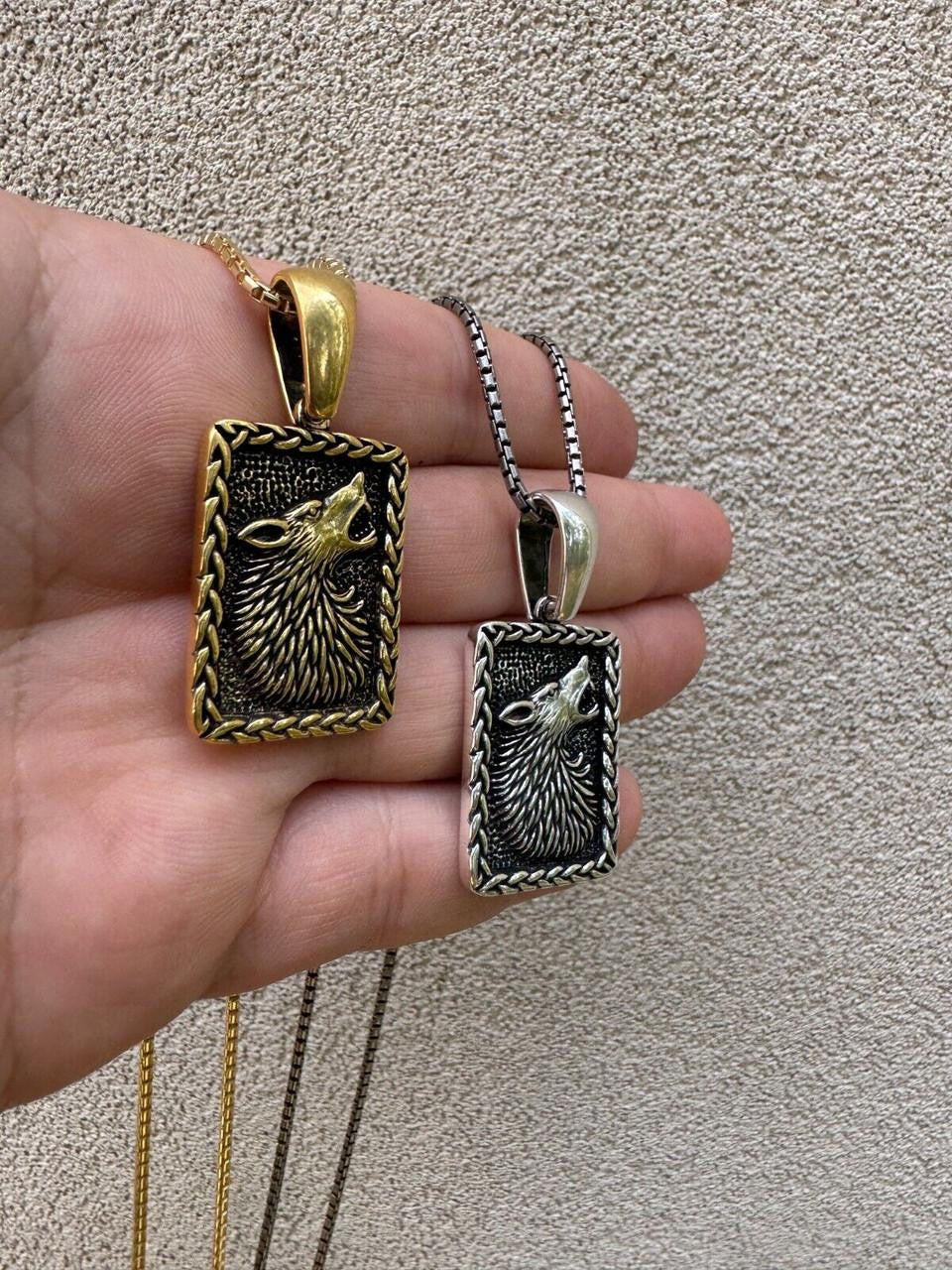 HarlemBling Lone Wolf Dog Tag Pendant - 14k Gold Vermeil Or Oxidized 925 Silver - Medium 1.75"