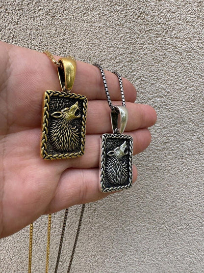 HarlemBling Lone Wolf Dog Tag Pendant - 14k Gold Vermeil Or Oxidized 925 Silver - Medium 1.75"