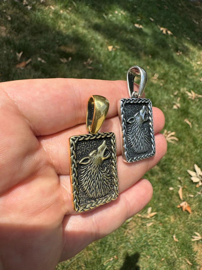 HarlemBling Lone Wolf Dog Tag Pendant - 14k Gold Vermeil Or Oxidized 925 Silver - Medium 1.75"