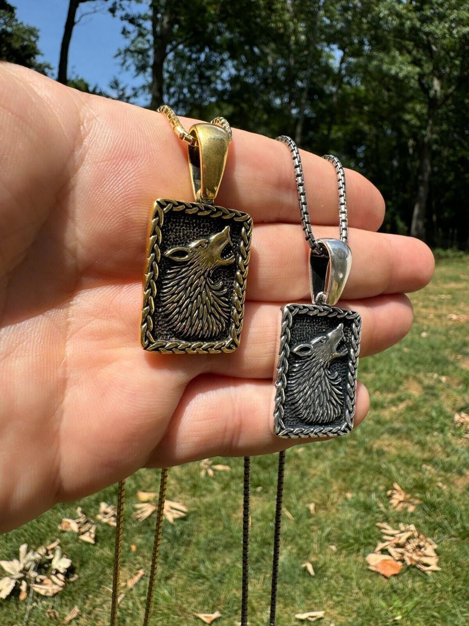 HarlemBling Lone Wolf Dog Tag Pendant - 14k Gold Vermeil Or Oxidized 925 Silver - Medium 1.75"