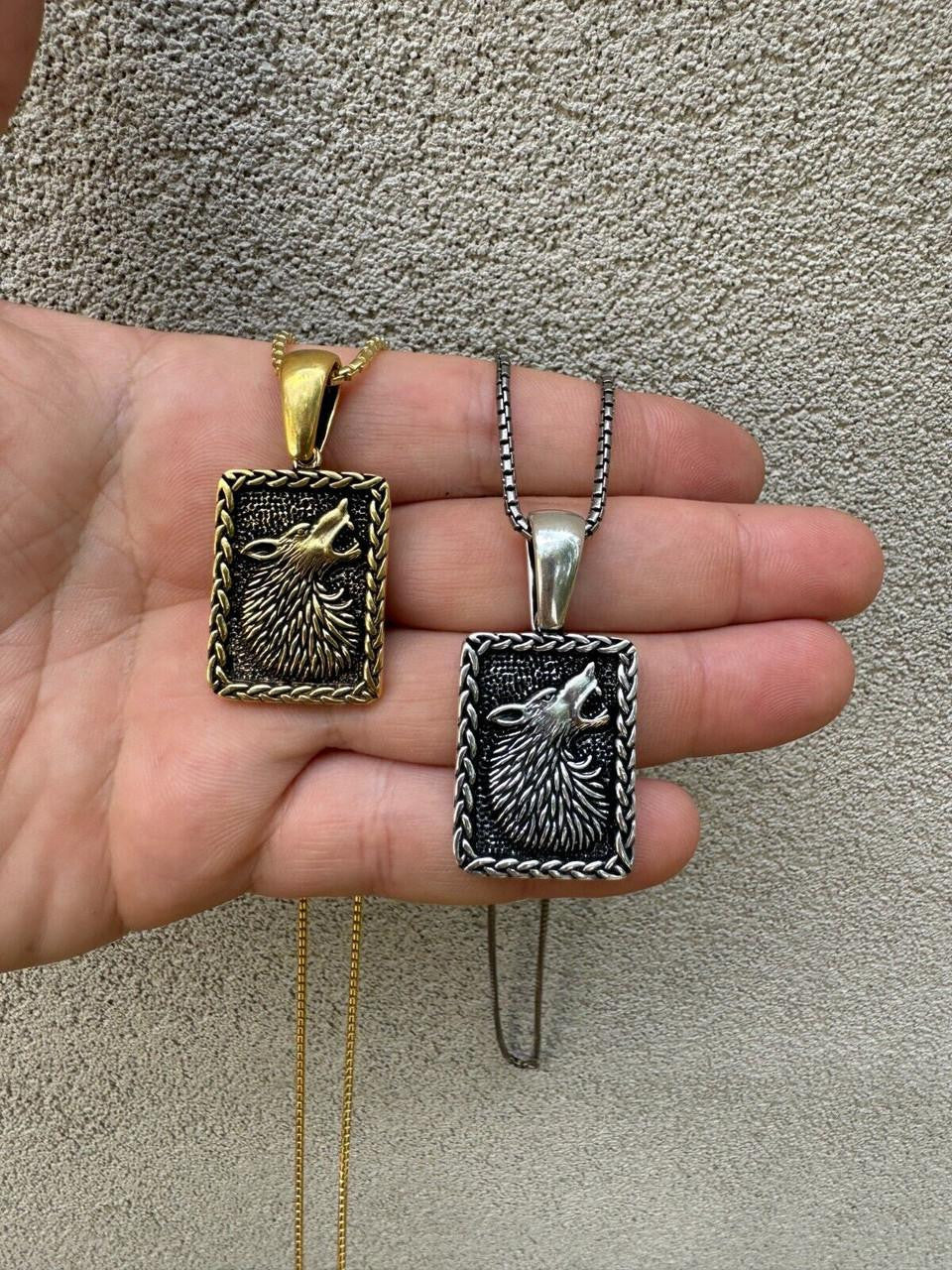 HarlemBling Lone Wolf Dog Tag Pendant - 14k Gold Vermeil Or Oxidized 925 Silver - Medium 1.75"