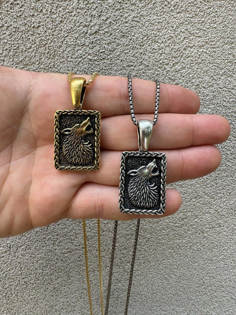 HarlemBling Lone Wolf Dog Tag Pendant - 14k Gold Vermeil Or Oxidized 925 Silver - Medium 1.75"