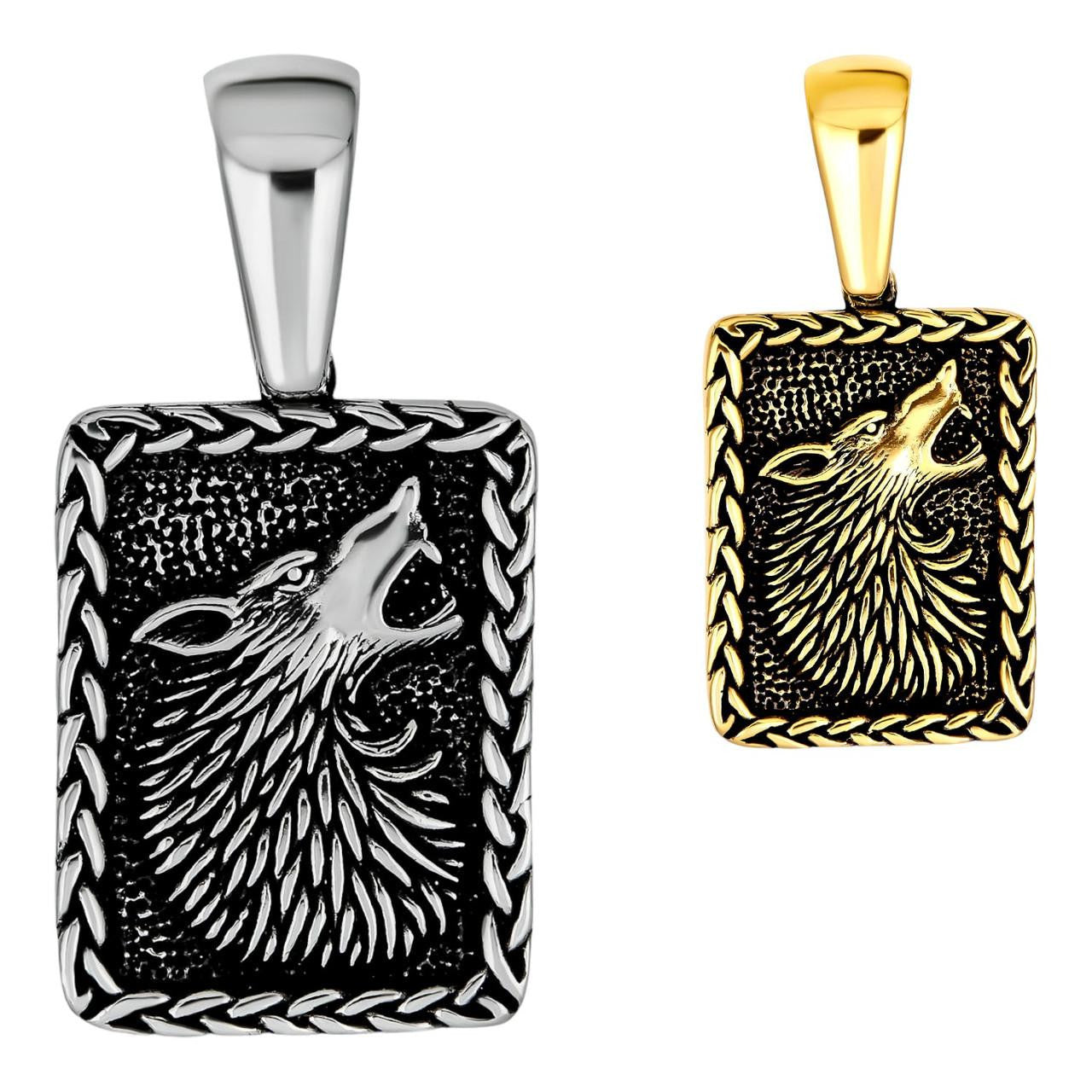 HarlemBling Lone Wolf Dog Tag Pendant - 14k Gold Vermeil Or Oxidized 925 Silver - Medium 1.75"