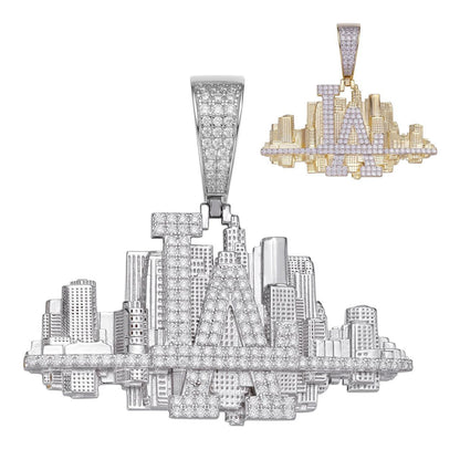 HarlemBling Los Angeles Skyline Pendant - 14k Gold Vermeil Or 925 Silver - CZ Stones - Large 2.5"