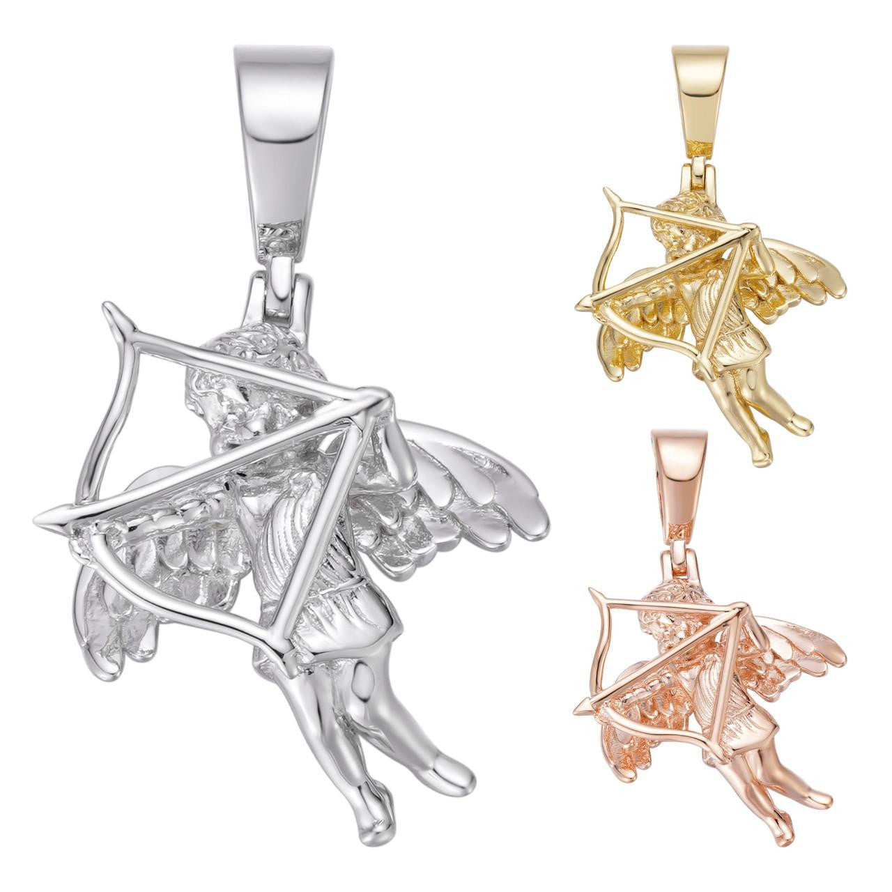 HarlemBling Love Cupid W. Bow and Arrow Cherub Pendant - 14k Yellow/Rose Gold Vermeil Or 925 Silver - CZ Stones - Small 1"