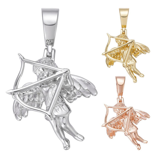 HarlemBling Love Cupid W. Bow and Arrow Cherub Pendant - 14k Yellow/Rose Gold Vermeil Or 925 Silver - CZ Stones - Small 1"