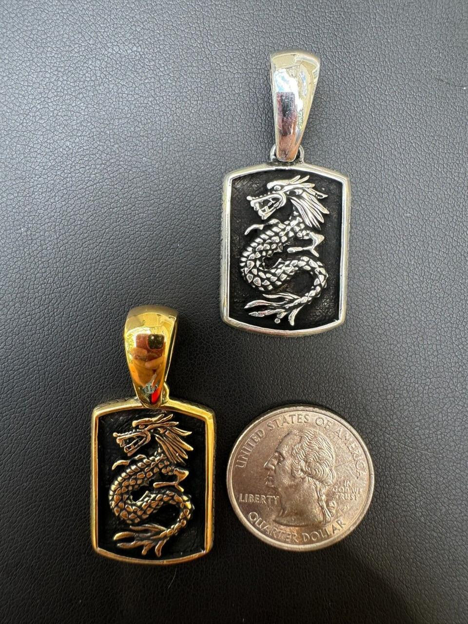 HarlemBling Lucky Dragon Dog Tag Pendant - 14k Gold Vermeil Or Oxidized 925 Silver - Medium 1.75"