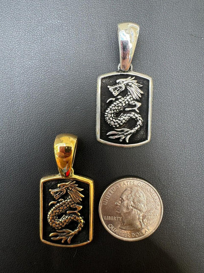 HarlemBling Lucky Dragon Dog Tag Pendant - 14k Gold Vermeil Or Oxidized 925 Silver - Medium 1.75"