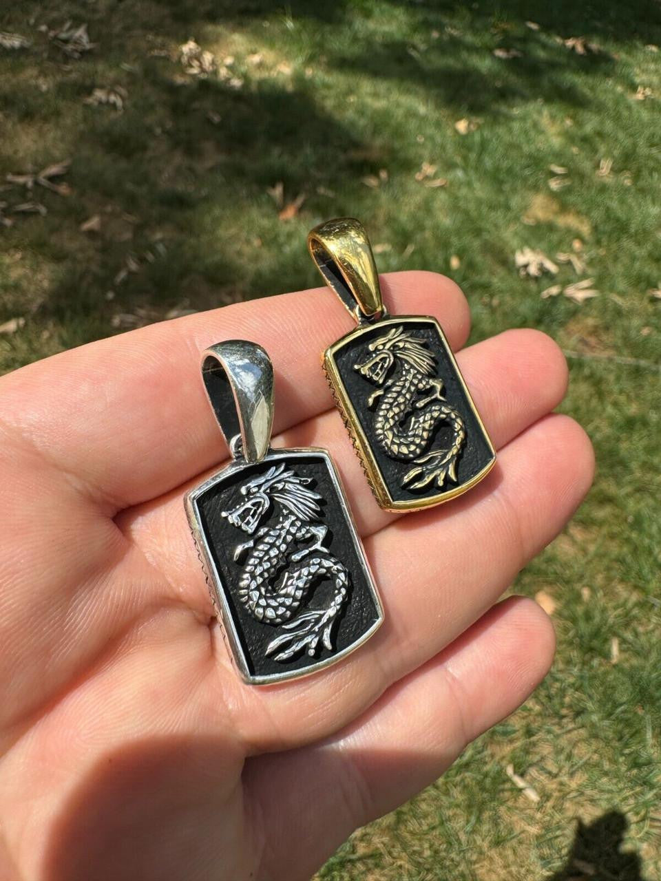 HarlemBling Lucky Dragon Dog Tag Pendant - 14k Gold Vermeil Or Oxidized 925 Silver - Medium 1.75"