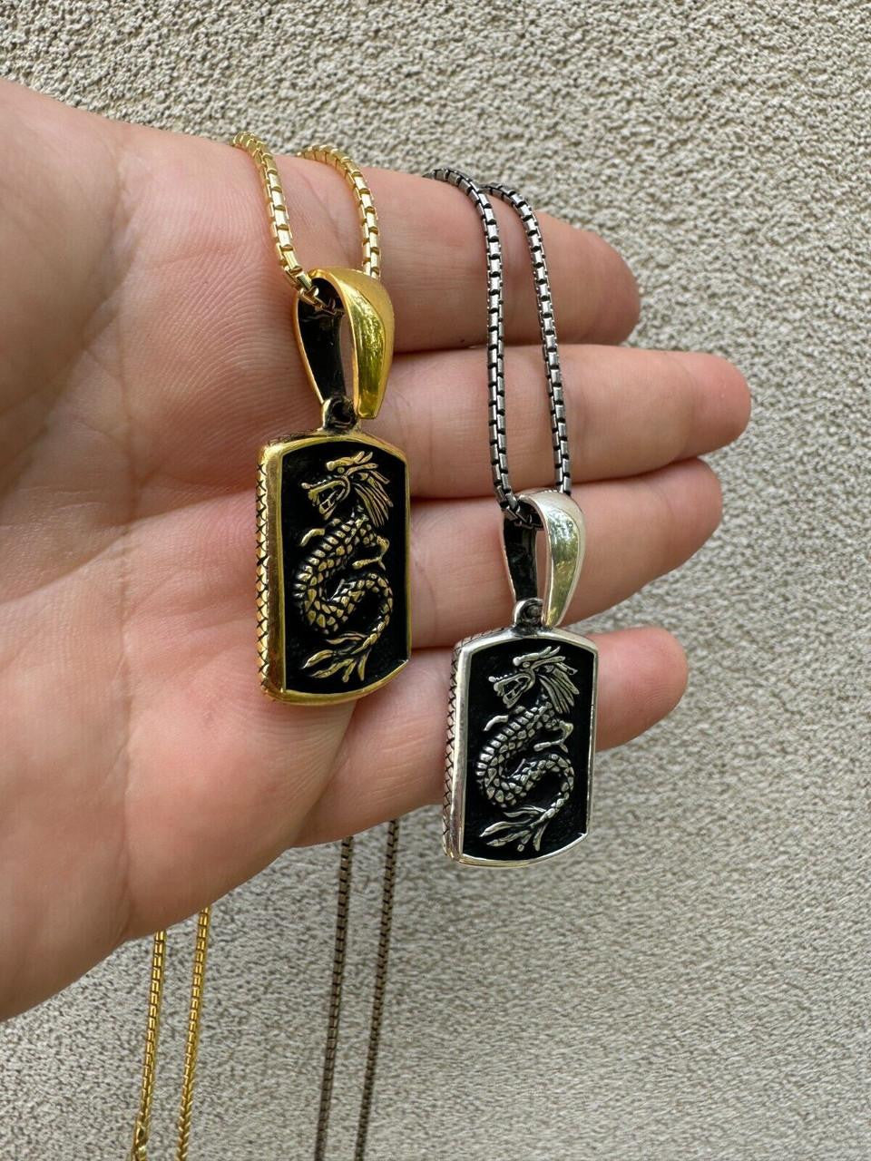 HarlemBling Lucky Dragon Dog Tag Pendant - 14k Gold Vermeil Or Oxidized 925 Silver - Medium 1.75"