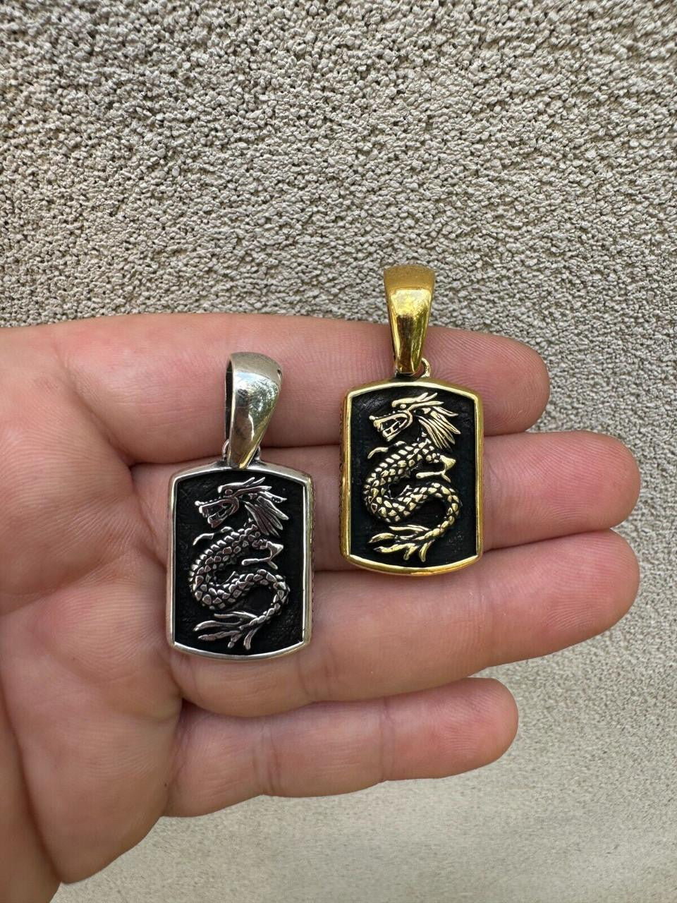 HarlemBling Lucky Dragon Dog Tag Pendant - 14k Gold Vermeil Or Oxidized 925 Silver - Medium 1.75"