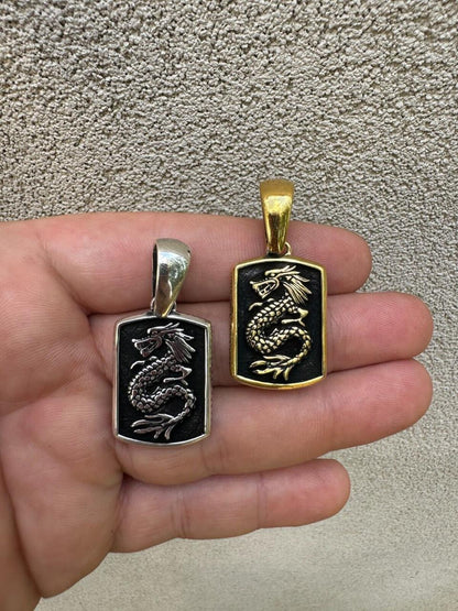 HarlemBling Lucky Dragon Dog Tag Pendant - 14k Gold Vermeil Or Oxidized 925 Silver - Medium 1.75"