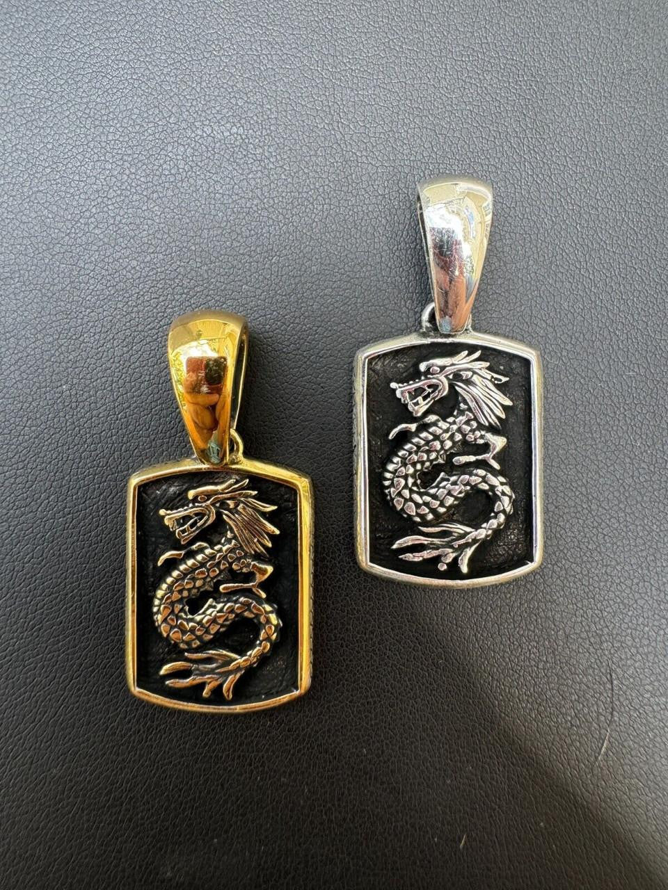 HarlemBling Lucky Dragon Dog Tag Pendant - 14k Gold Vermeil Or Oxidized 925 Silver - Medium 1.75"