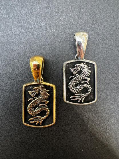 HarlemBling Lucky Dragon Dog Tag Pendant - 14k Gold Vermeil Or Oxidized 925 Silver - Medium 1.75"