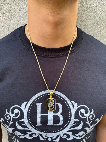 HarlemBling Lucky Dragon Dog Tag Pendant - 14k Gold Vermeil Or Oxidized 925 Silver - Medium 1.75"