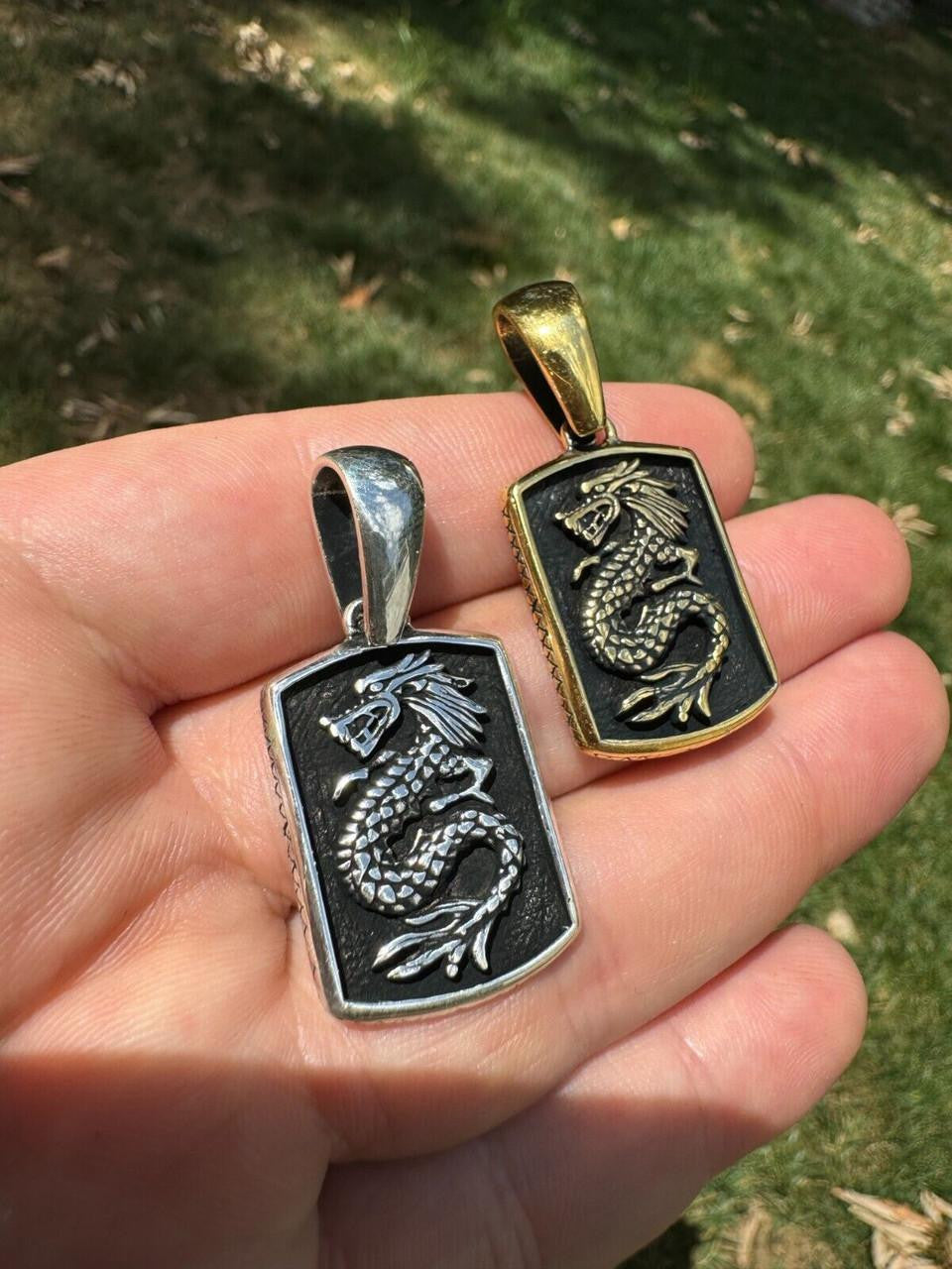 HarlemBling Lucky Dragon Dog Tag Pendant - 14k Gold Vermeil Or Oxidized 925 Silver - Medium 1.75"