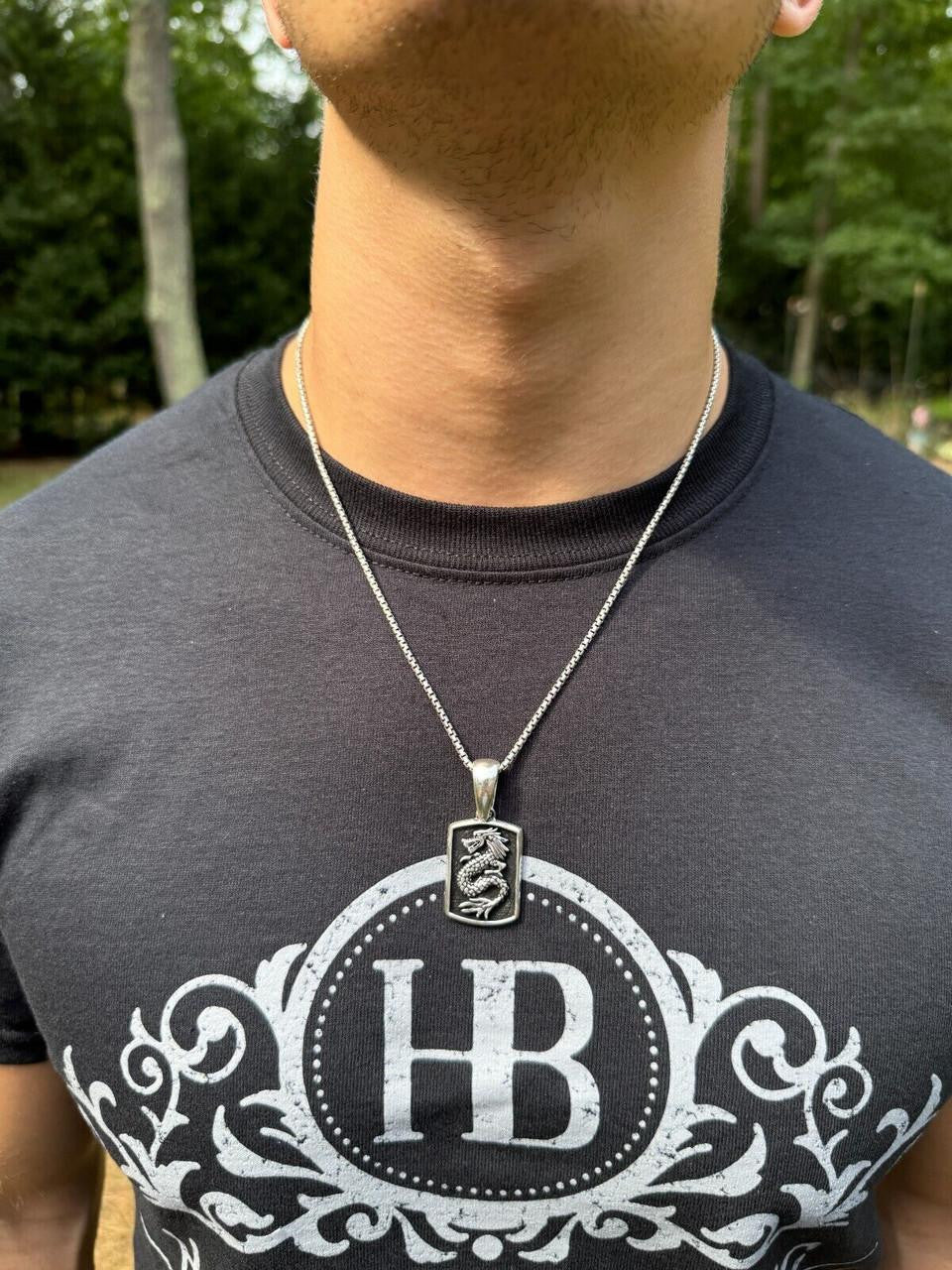 HarlemBling Lucky Dragon Dog Tag Pendant - 14k Gold Vermeil Or Oxidized 925 Silver - Medium 1.75"