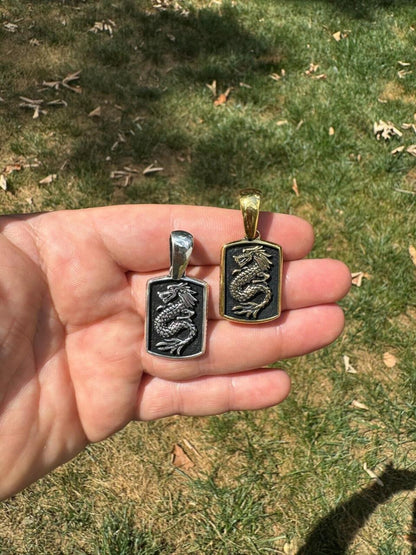 HarlemBling Lucky Dragon Dog Tag Pendant - 14k Gold Vermeil Or Oxidized 925 Silver - Medium 1.75"