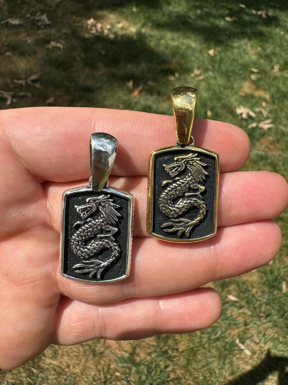 HarlemBling Lucky Dragon Dog Tag Pendant - 14k Gold Vermeil Or Oxidized 925 Silver - Medium 1.75"