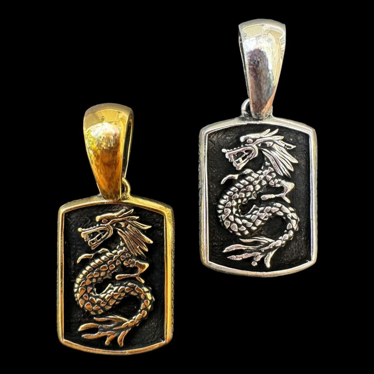 HarlemBling Lucky Dragon Dog Tag Pendant - 14k Gold Vermeil Or Oxidized 925 Silver - Medium 1.75"
